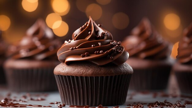 Foto pasteles de chocolate oscuro dulce con glaseado de ganache de chocolate en fondo oscuro generados por la ia