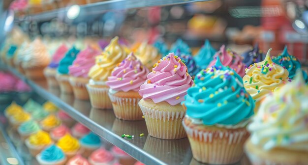 Pasteles de colores en exhibición en una panadería