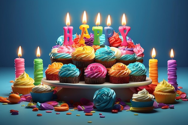 Pasteles coloridos con velas que dicen Feliz cumpleaños