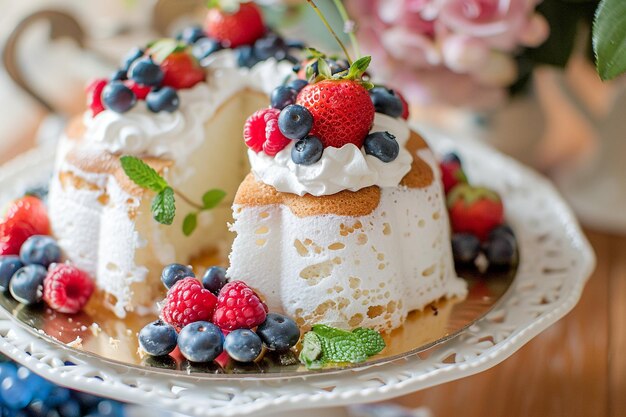 Pasteles de comida de ángeles esponjosos con crema batida y bayas