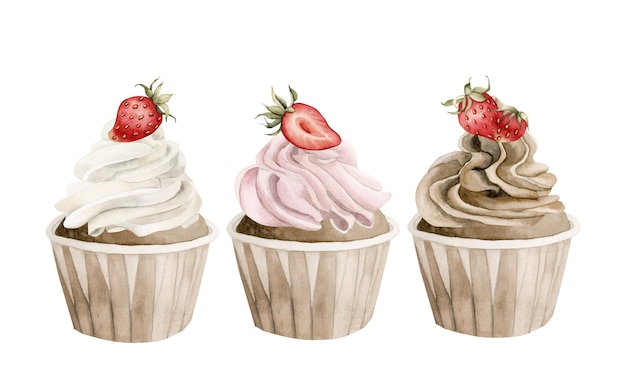 Pasteles con crema colorida y fresas dulces con frutas acuarela dibujada a mano ilustración de alimentos aislados