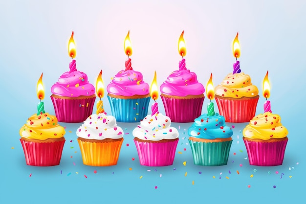 Pasteles de cumpleaños multicolores con velas Ilustración generada