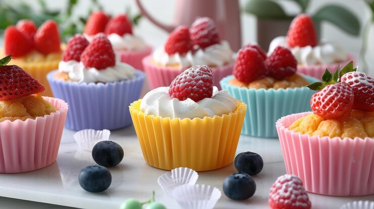 Pasteles decorados con bayas frescas y crema en forros de colores perfectos para celebraciones