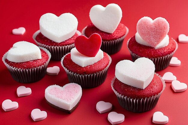 Foto pasteles decorados con corazones de azúcar para el día de san valentín sobre fondo rojo