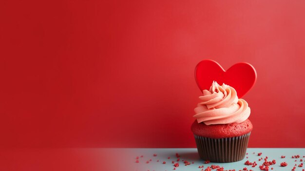 Pasteles decorados con corazones de azúcar para el Día de San Valentín sobre un fondo rojo