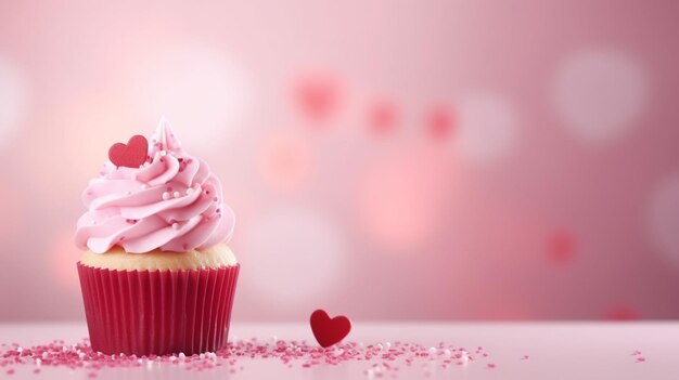 Pasteles decorados con corazones de azúcar para el Día de San Valentín sobre fondo rojo