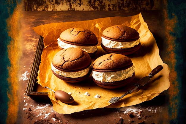 Pasteles delicioso pastel de whoopie desordenado en una bandeja para hornear