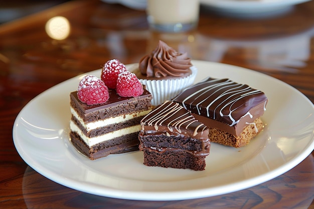 Pasteles dulces con chocolate en el plato en la mesa cerca