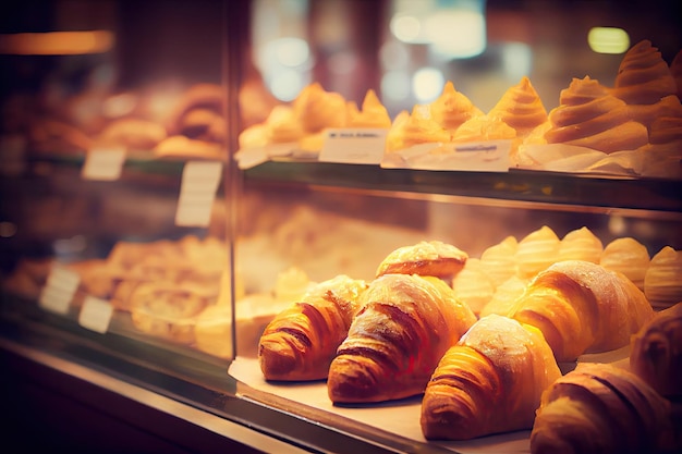 Foto pasteles dulces croissants de queso en pastelería