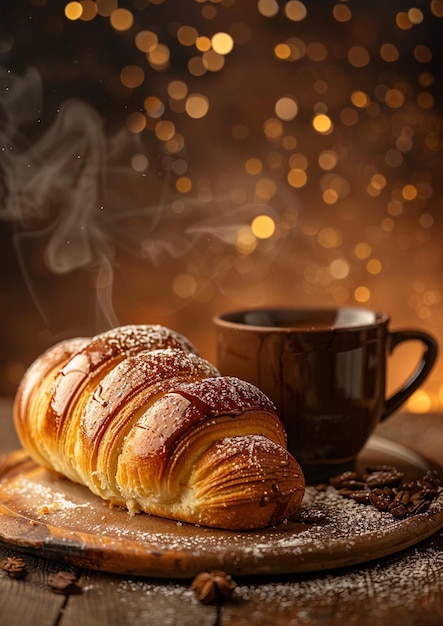 pasteles franceses frescos y taza de té en una mesa de madera