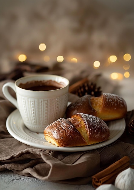 pasteles franceses frescos y taza de té en una mesa de madera