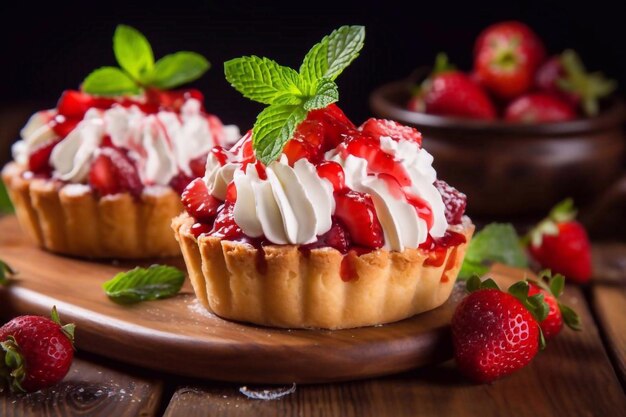 Pasteles de fresa en una mesa de madera rústica, fiesta perfecta, postre de frutas frescas individuales.