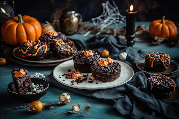 Foto pasteles de halloween en un plato colocado sobre un mantel de lino