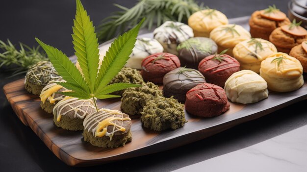 Pasteles con infusión de cannabis dispuestos de manera atractiva en una bandeja