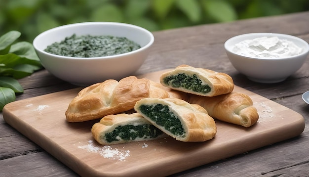 Pasteles llenos de espinaca en una tabla de cortar de madera