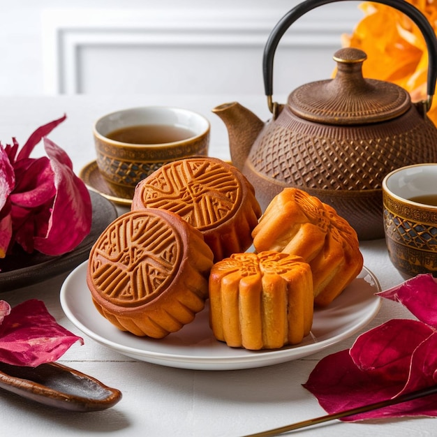 Pasteles de luna chinos tradicionales con ceremonia del té