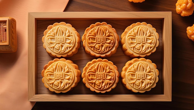 pasteles de luna en rebanadas con una taza de té al estilo de amarillo claro y naranja