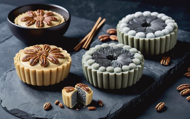 Pasteles de luna de sésamo negro y pecan