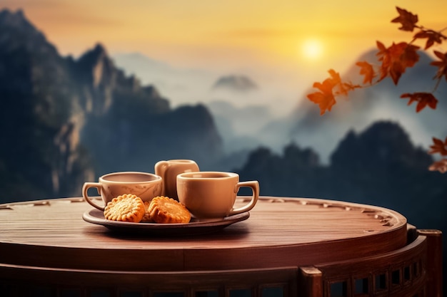 Pasteles de luna y taza de té sobre pedestal de piedra fondo montañoso festival chino Ai generado