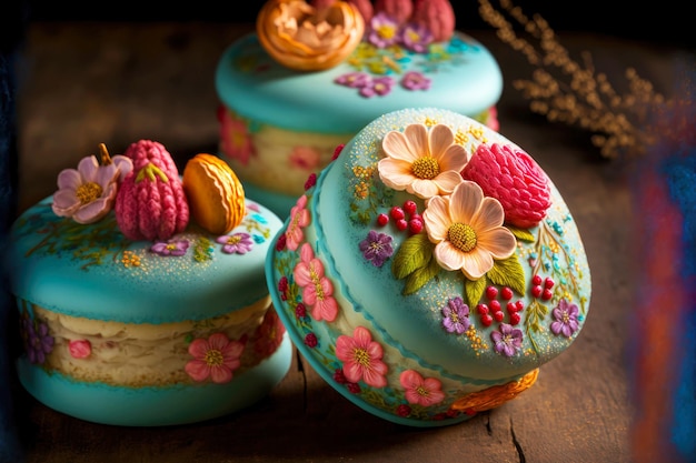 Pasteles de macarrones franceses confitados decorados con bayas y flores de colores