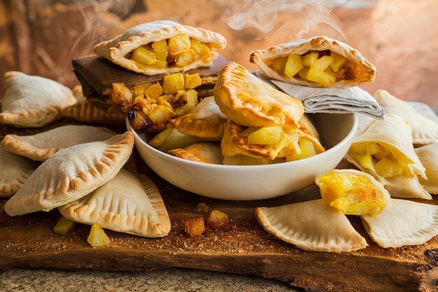 Foto pasteles a mano samosas o pierogies con relleno de patata horneados de oro