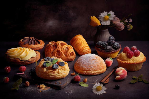Pasteles matutinos con diferentes rellenos sobre fondo oscuro en panadería
