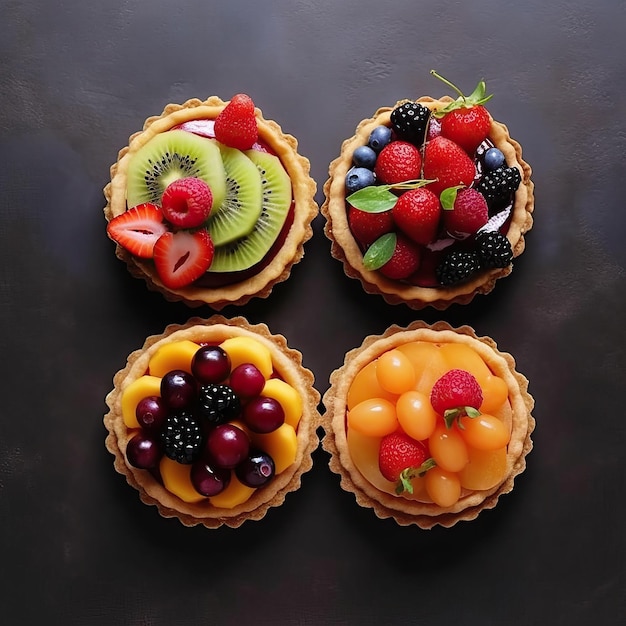 Pasteles en una mesa de mármol oscuro vista superior Cuatro tartaletas con diferentes frutas y bayas IA generativa