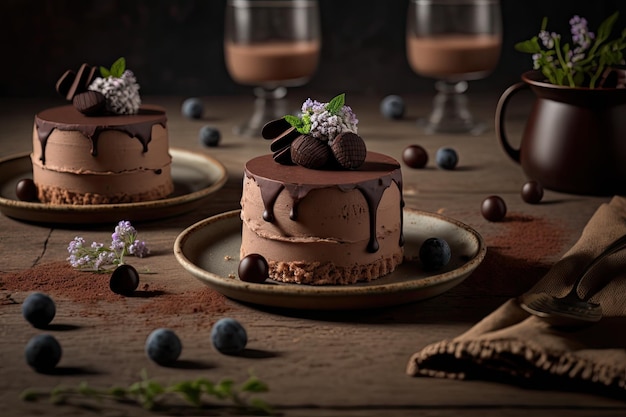Pasteles de mousse esponjosos caseros con crema de chocolate en la mesa creados con ai generativo