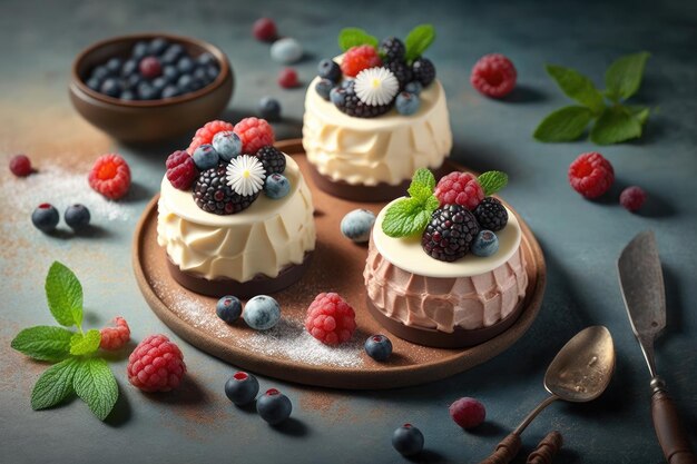 Pasteles de mousse de postre dulce francés con bayas y crema sobre fondo claro creado con generativo