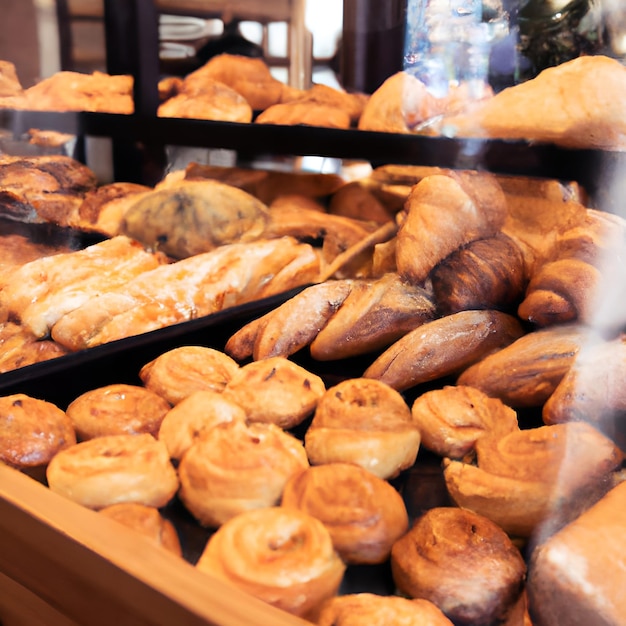 Foto pasteles y panes variados dispuestos en bandeja que se venden en la panadería