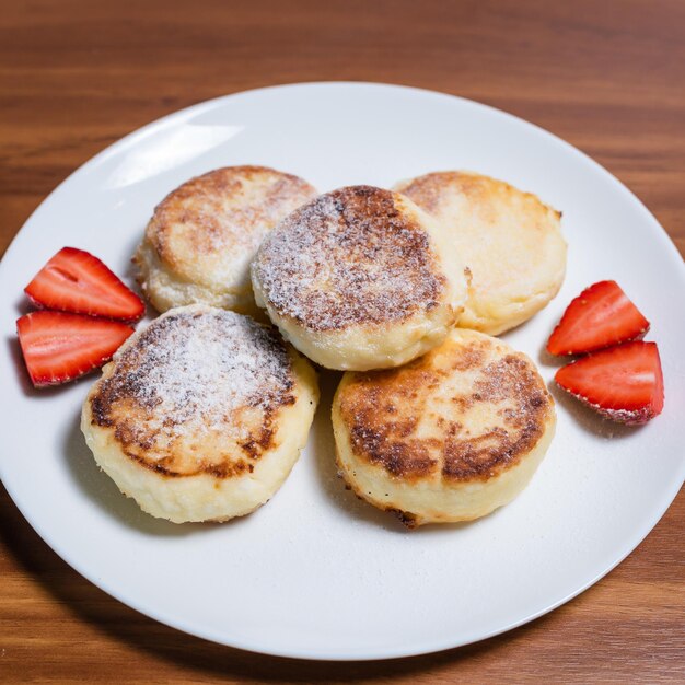 Pasteles de queso con requesón en un plato blanco con polvo, crema, mermelada y fresas. Desayuno saludable. comida hecha en casa