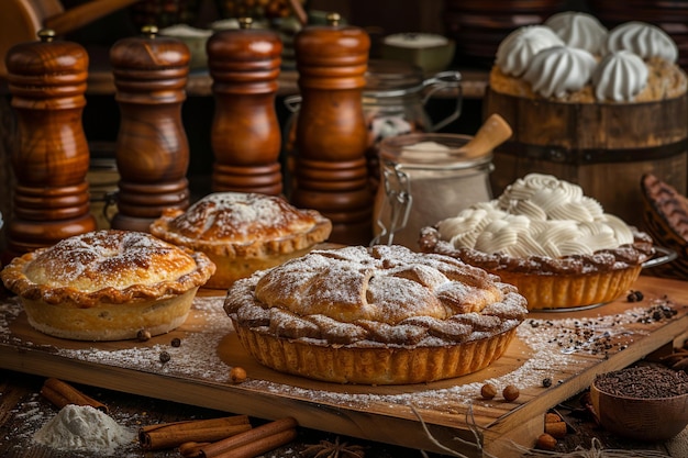 Pasteles recién horneados en la bandeja de madera