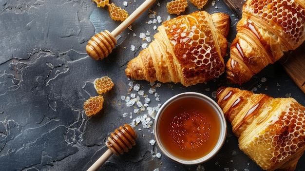 Pasteles recién horneados esmaltados con miel y panal