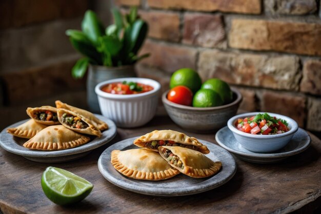 Foto pasteles salados y rellenos en una mesa de madera