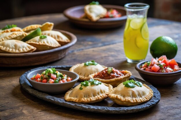 Pasteles salados y rellenos en una mesa de madera