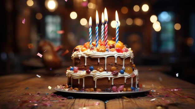 Pasteles en el suelo de madera y velas encendidas en el estilo del concepto de cumpleaños