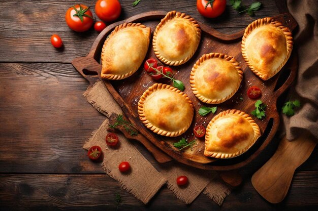 pasteles en una tabla de madera con tomates y tomates