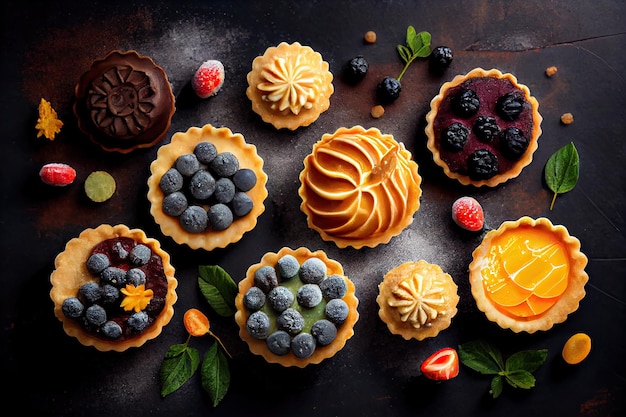 Pasteles de tartaletas en panadería tradicional sobre fondo oscuro