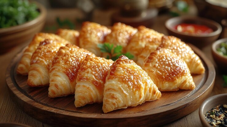 Pasteles triangulares dorados dispuestos en círculo en una bandeja de madera adornados con hierbas y un toque de queso derretido