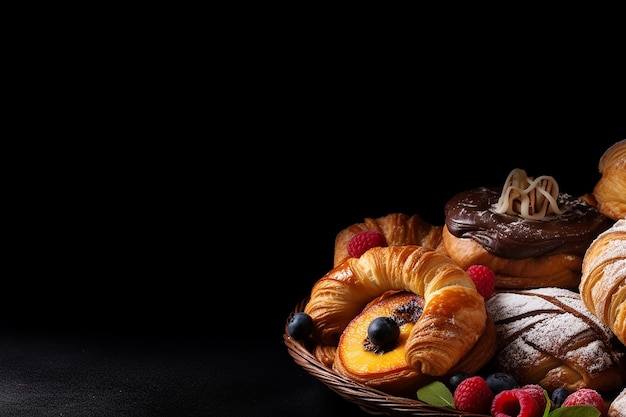 Foto pasteles variados con bayas en una canasta sobre un fondo oscuro