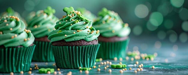 Pasteles verdes decorados con crema en un fondo borroso Alimentos para la fiesta de cumpleaños Día de Patricio