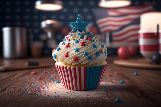 Pastelito rojo, blanco y azul con las estrellas en el fondo de la bandera estadounidense. Vacaciones en Estados Unidos