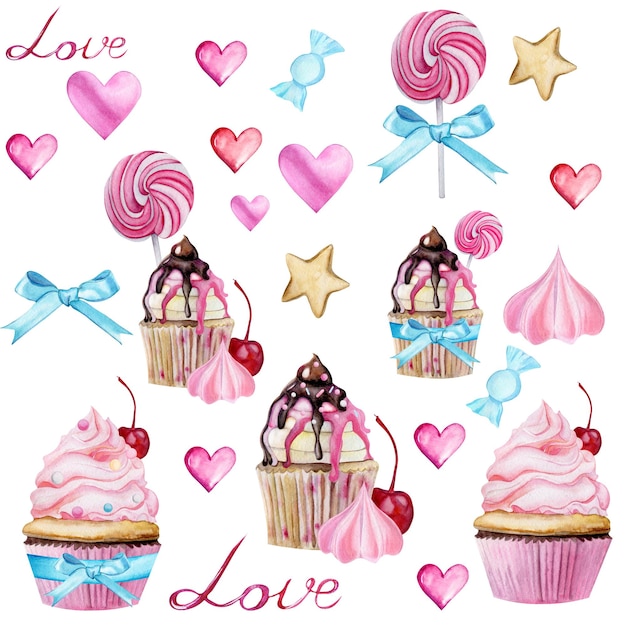 Pastelitos de acuarela con la palabra amor en la parte superior