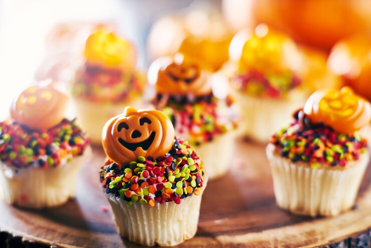 pastelitos de calabaza festivos de Halloween con glaseado de chocolate y salpicaduras coloridas