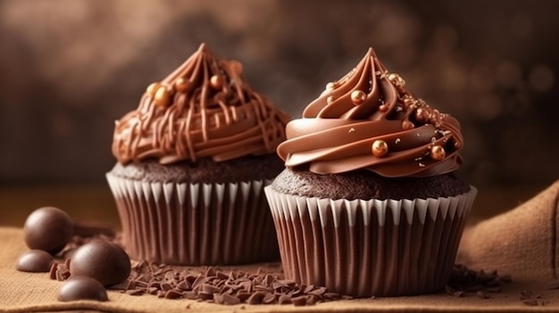 Pastelitos de chocolate con chispas de chocolate en una mesa de madera y ai generador de fondo oscuro