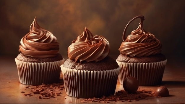 Pastelitos de chocolate con chispas de chocolate en una mesa de madera y ai generador de fondo oscuro