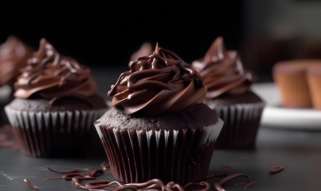 Pastelitos de chocolate con glaseado de chocolate sobre un fondo negro