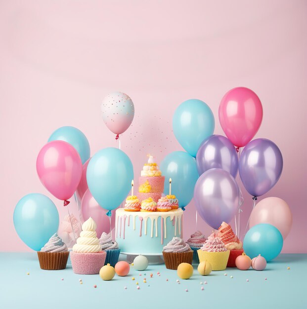 Pastelitos de cumpleaños y globos sobre fondo pastel con espacio para copiar