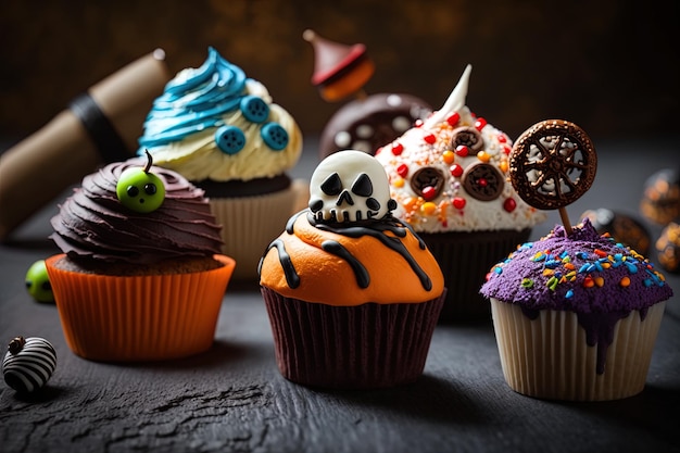 pastelitos decorados para Halloween en primer plano con un arco iris de colores y decoraciones aterradoras