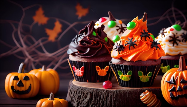 Pastelitos de Halloween y calabazas sobre fondo oscuro S